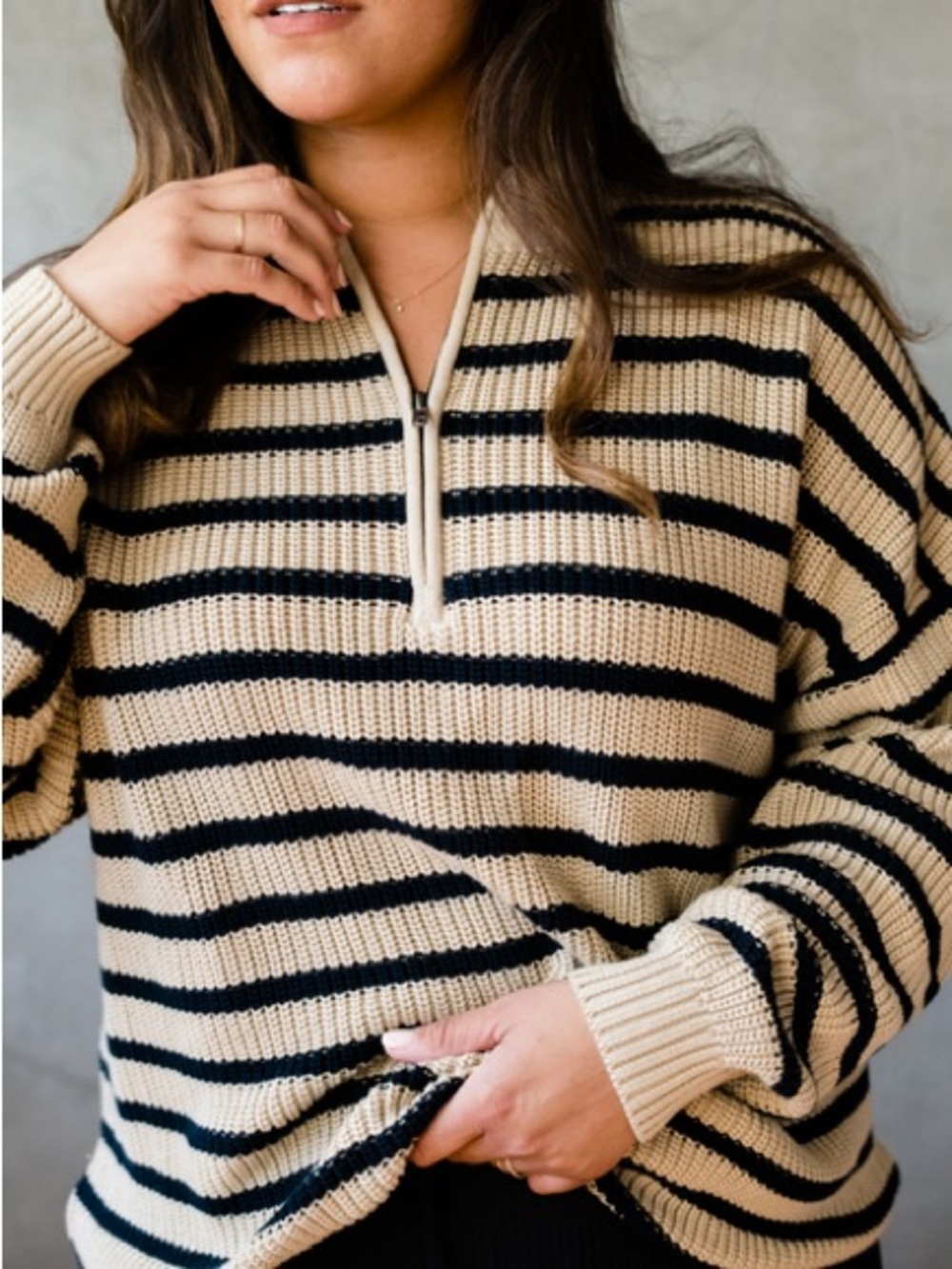 ABLE Beige and Black Striped Half-Zip Sweater